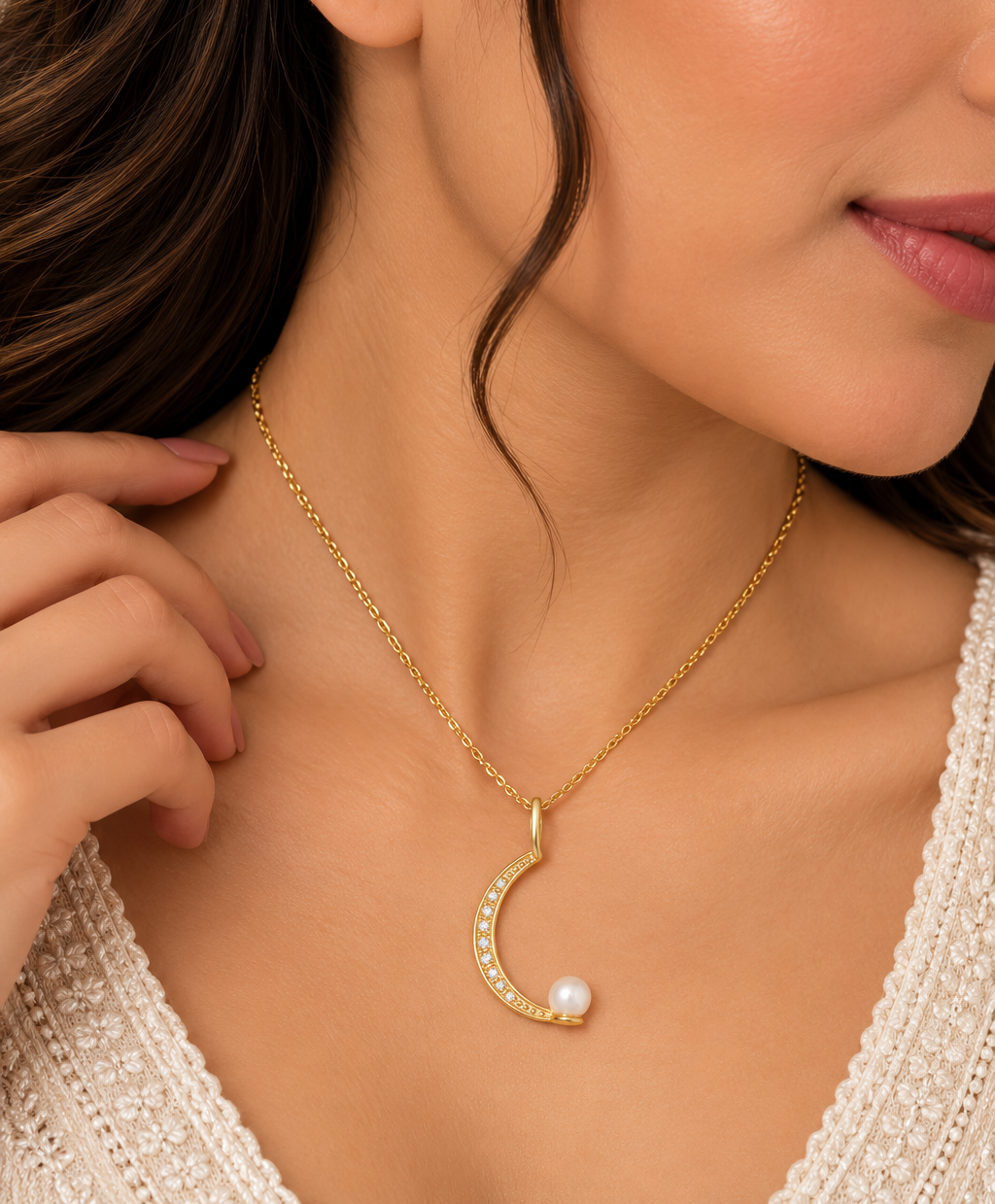 Elegant Gold Crescent Necklace Portrait