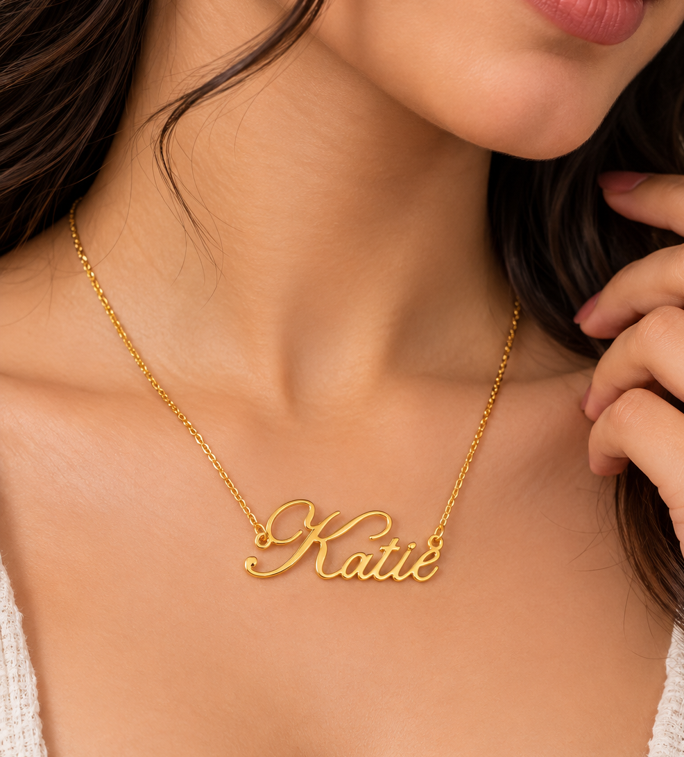 Elegant Gold “Katie” Nameplate Necklace Portrait