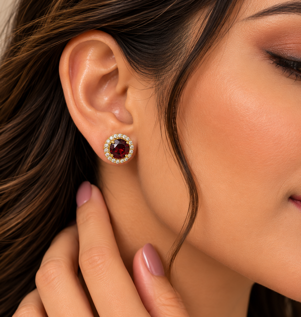 Garnet halo earring beauty portrait